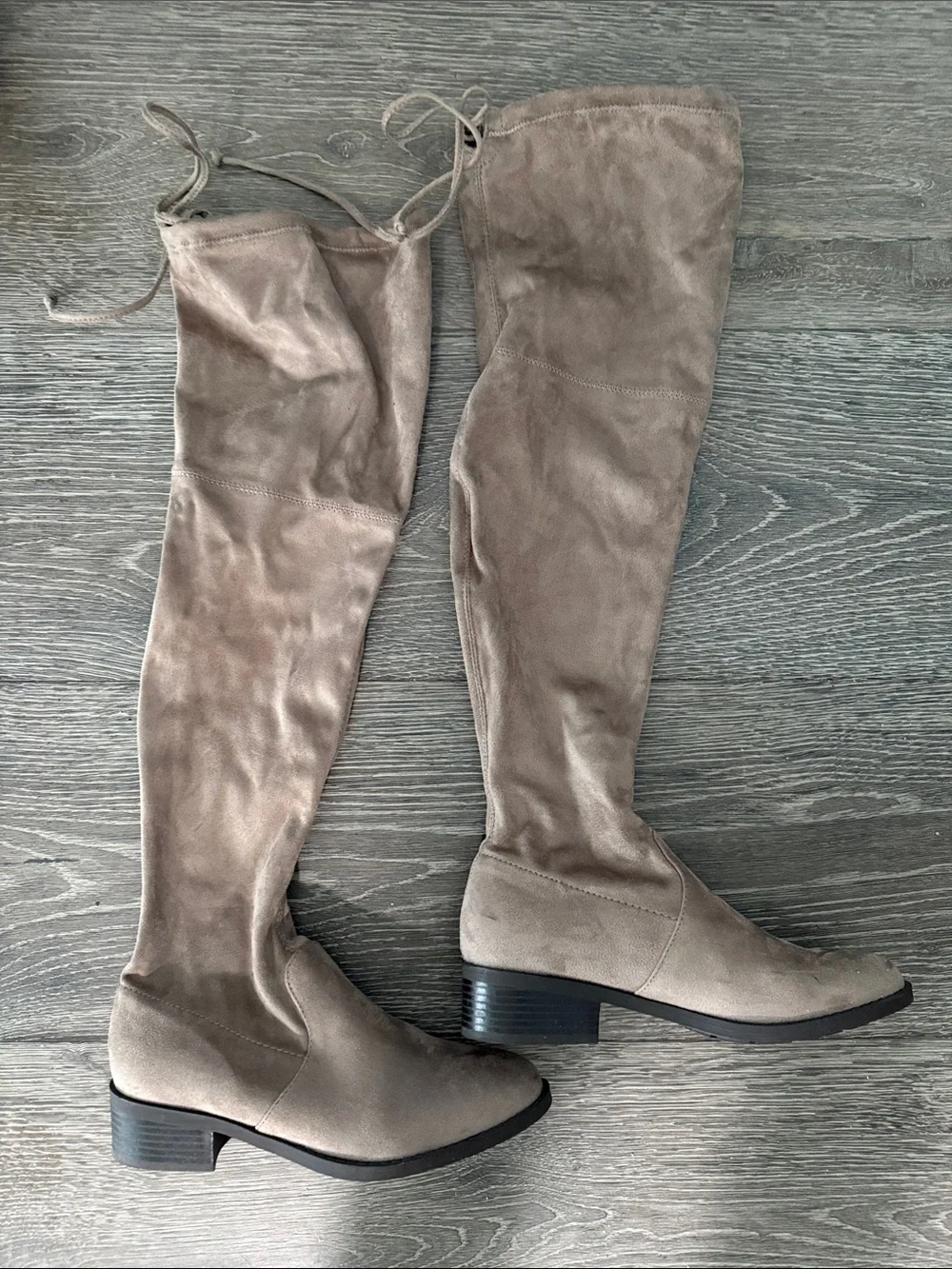 Unisa Taupe Over-the-Knee Suede Boots with Back Tie